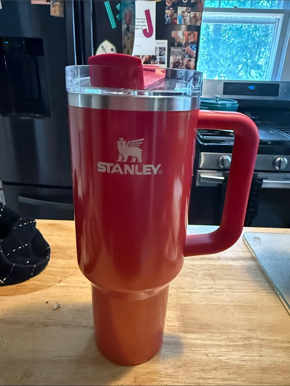 Stanley Red Travel Tumbler with Handle and Clear Lid